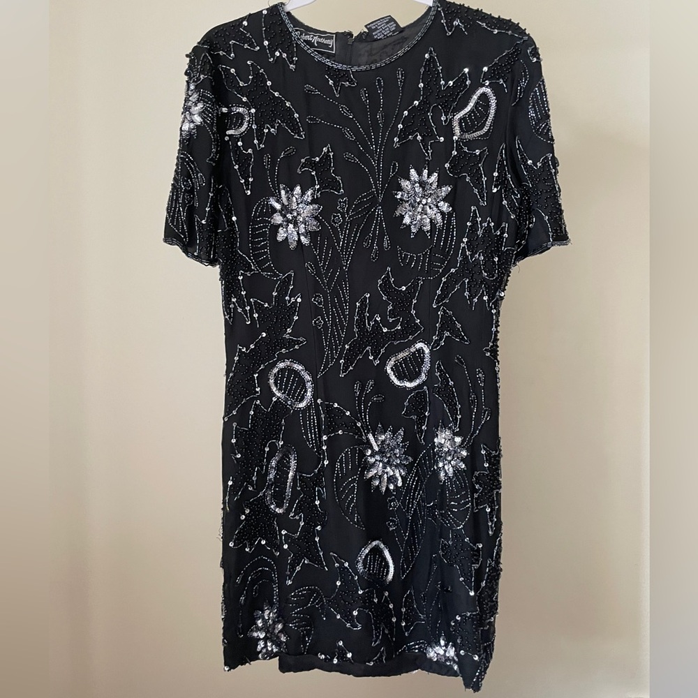 Vintage Robert Anthony Beaded Silk Mini Dress Mardi Gras Holiday Black Small 80s